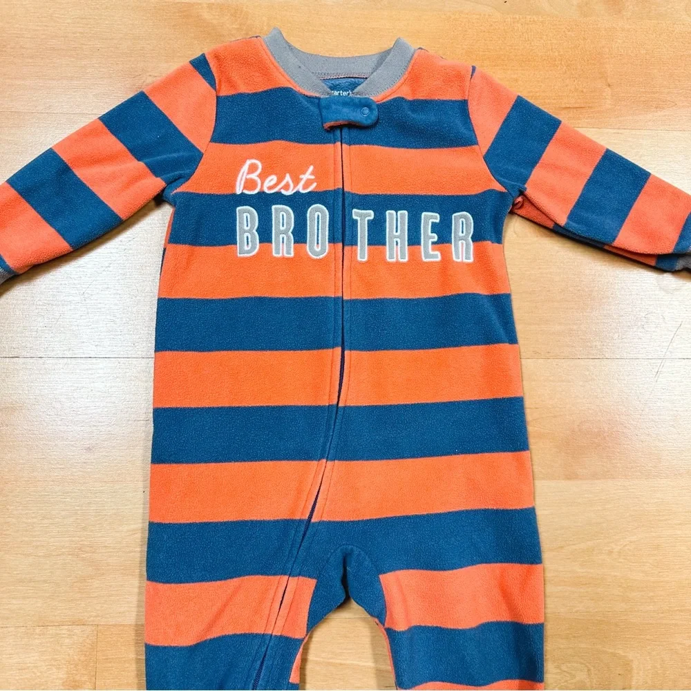 Carters Orange & Blue Striped Fleece “Best Brother” Footie Pajamas Size 18M